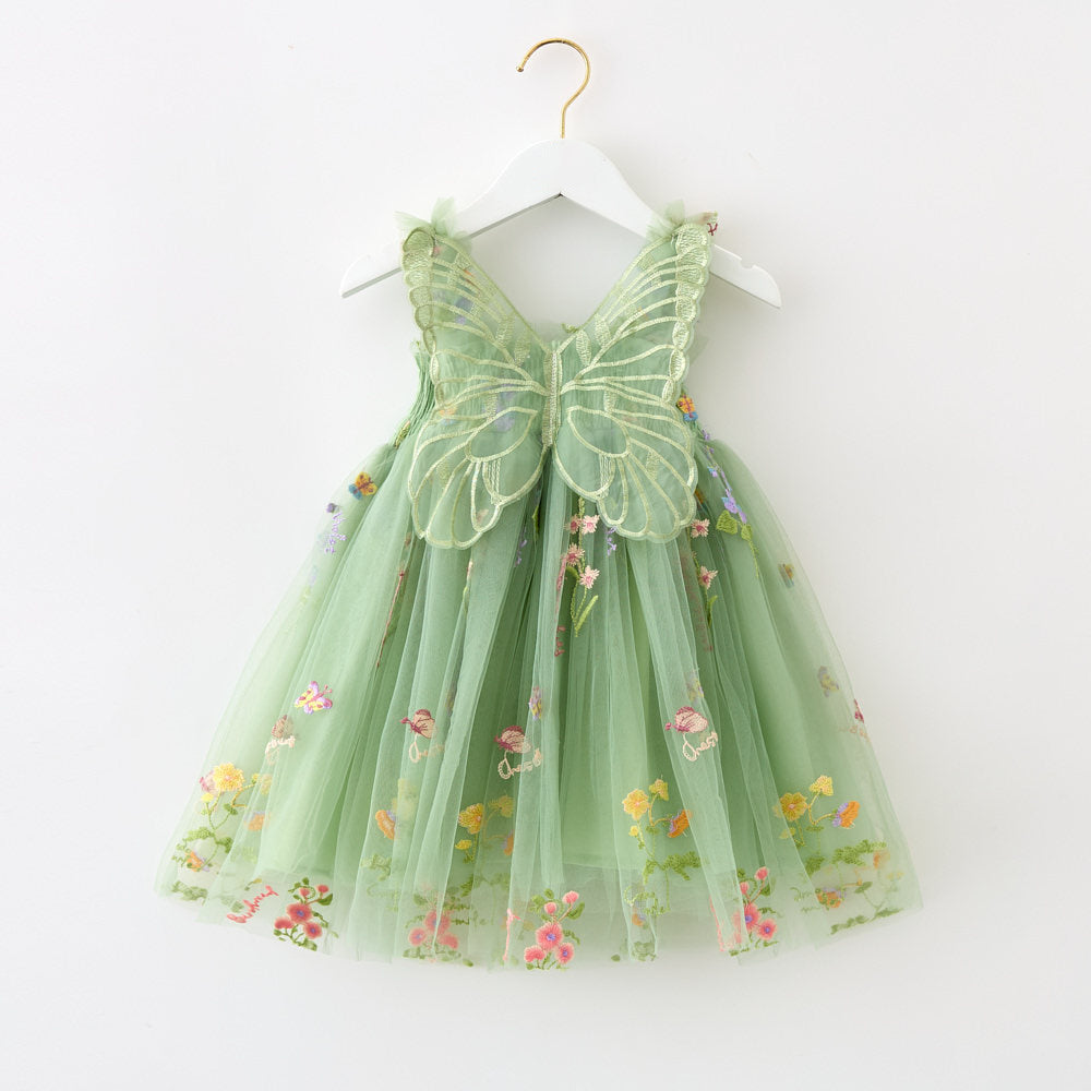 Girls floral embroidery mesh tutu dress with butterfly wings