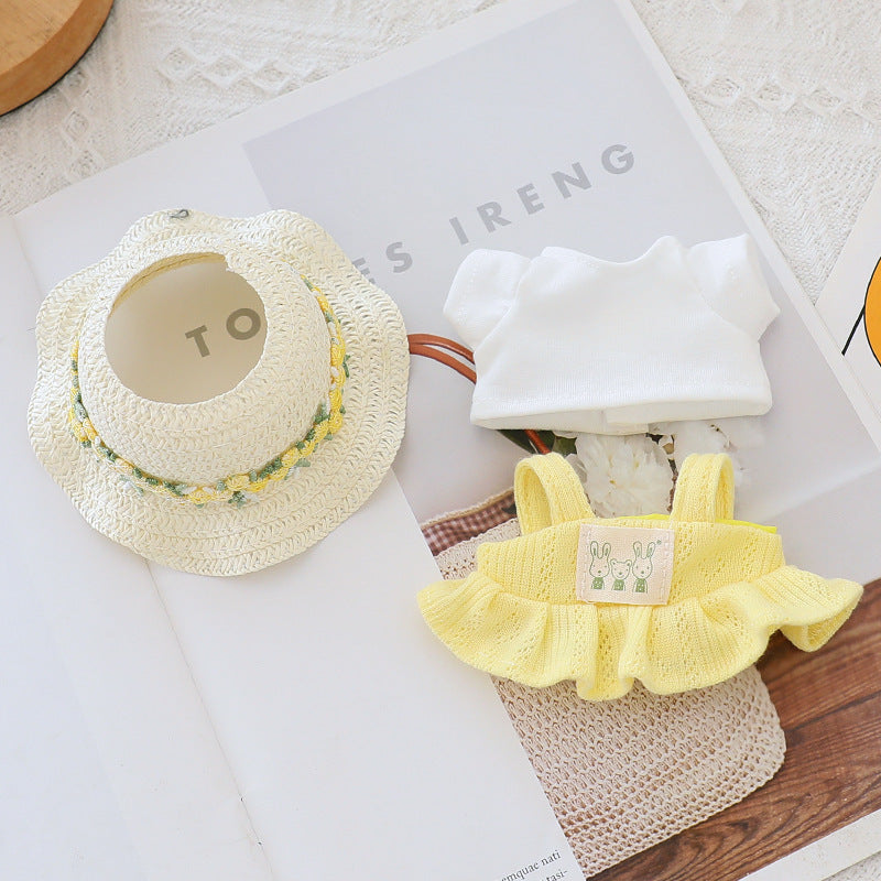 Labubu skirt T-shirt set with straw hat doll clothes