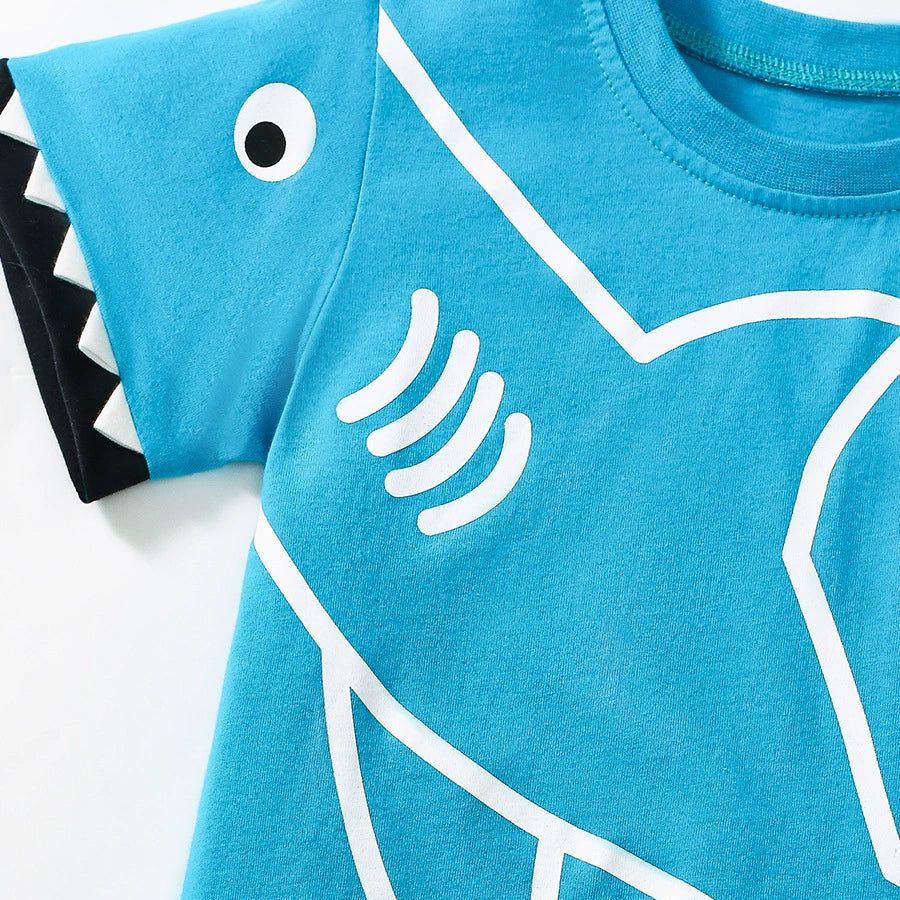 Boys' cotton blue shark tee&short set for summer