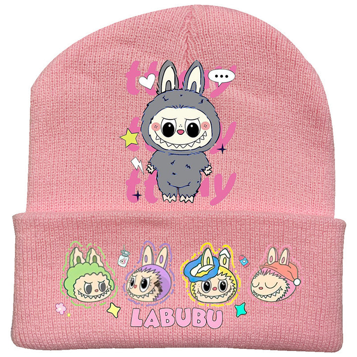 Cute monster printed knitted beanie hat-pink