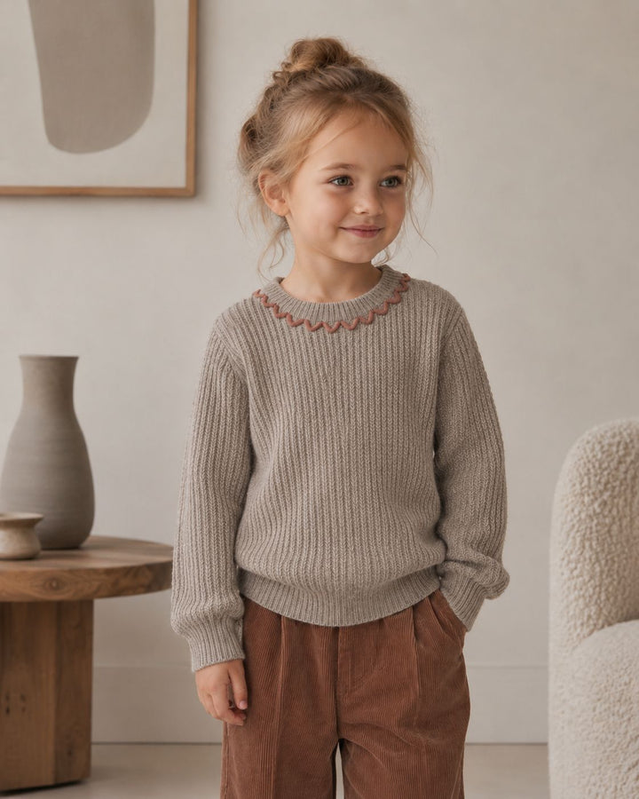 Girls' Ribbed Knit Pullover with Contrast-Color Scalloped Crew Neck