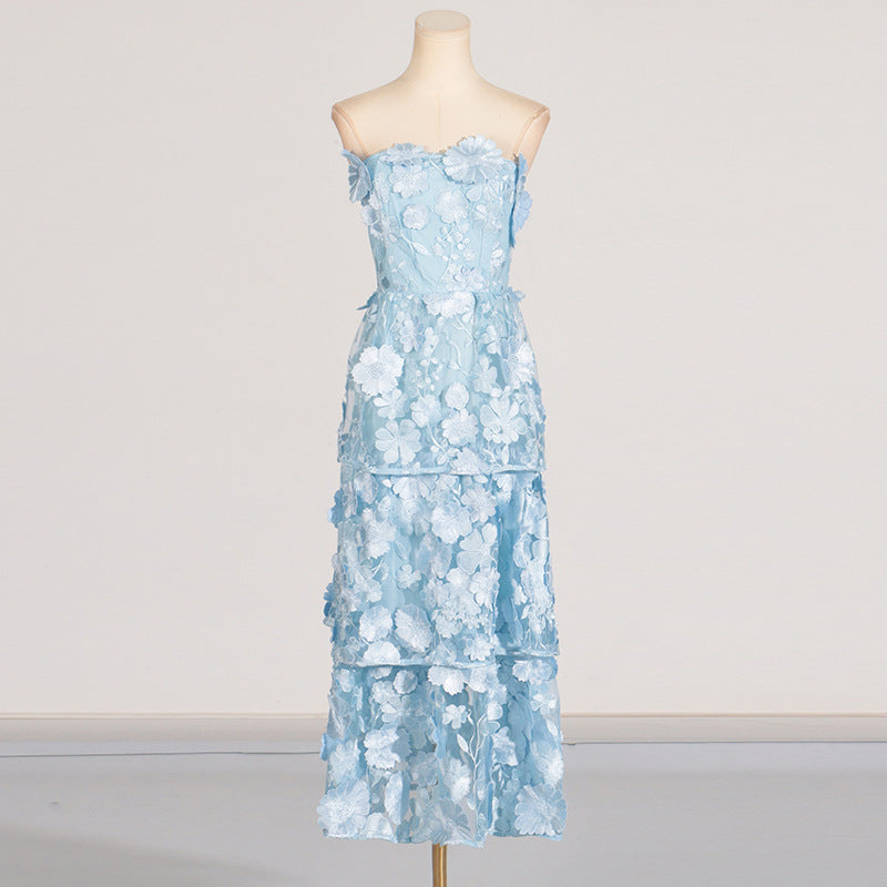 Tube top 3D stitching flower ruffle layered dress