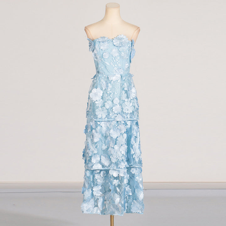 Tube top 3D stitching flower ruffle layered dress