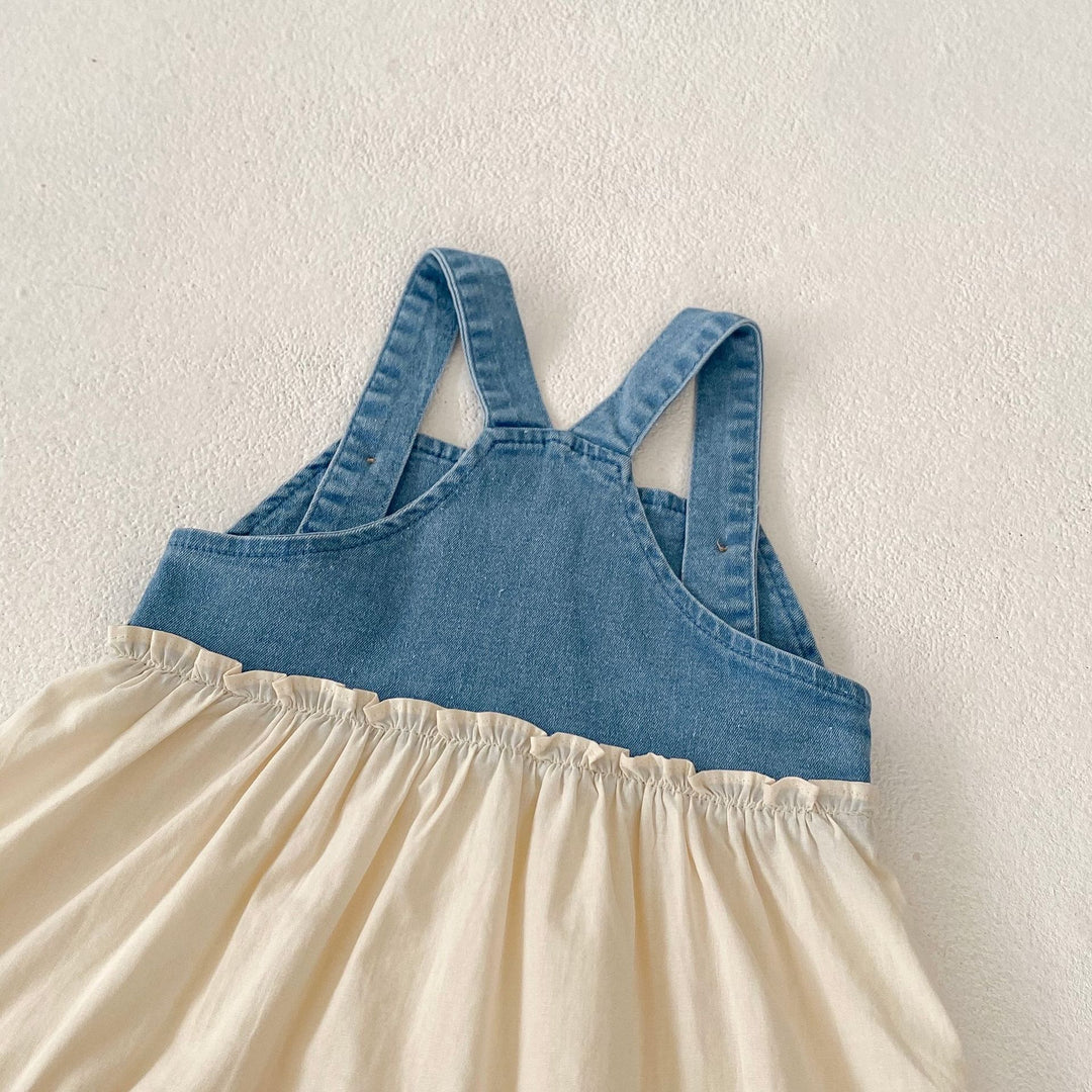 Baby denim stitching lace ruffle suspender dress