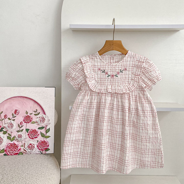 Girls' plaid floral embroidered short-sleeved dress