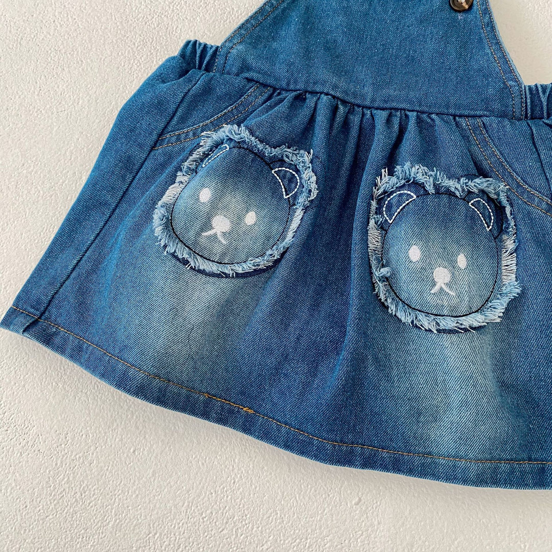 Baby denim Bear patch embroidered overalls skirt&romper