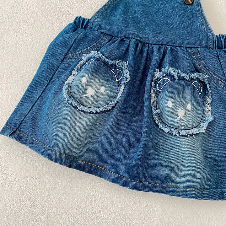 Baby denim Bear patch embroidered overalls skirt&romper