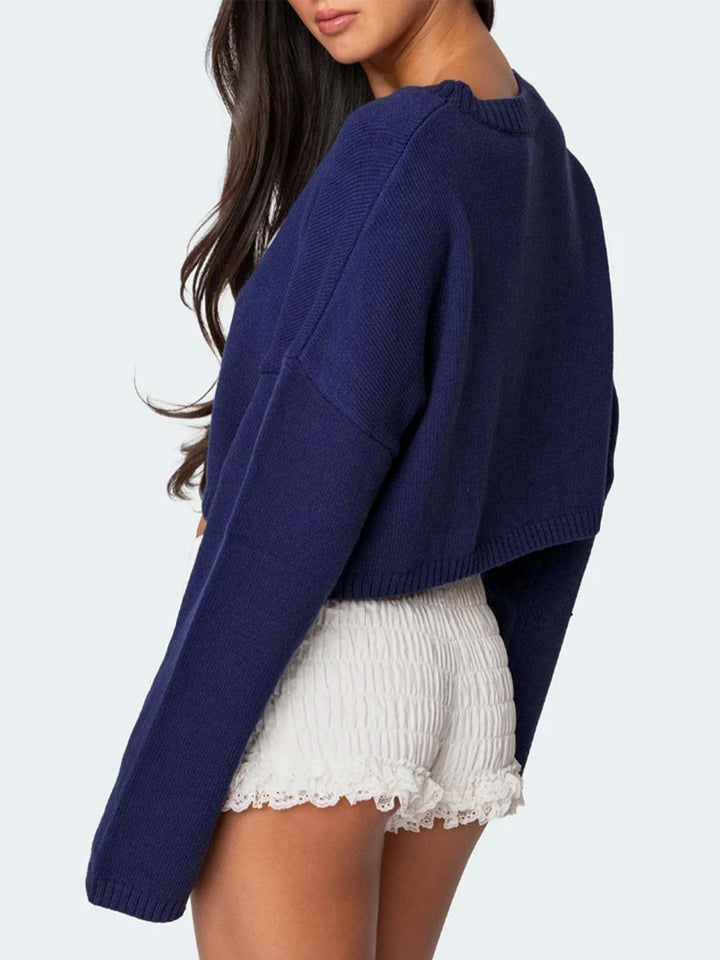 Bow jacquard pullover navy crop sweater