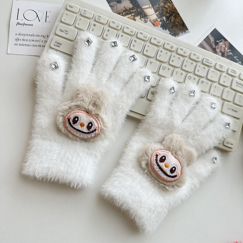 Labubu Five-finger warm knitted diamond furry gloves