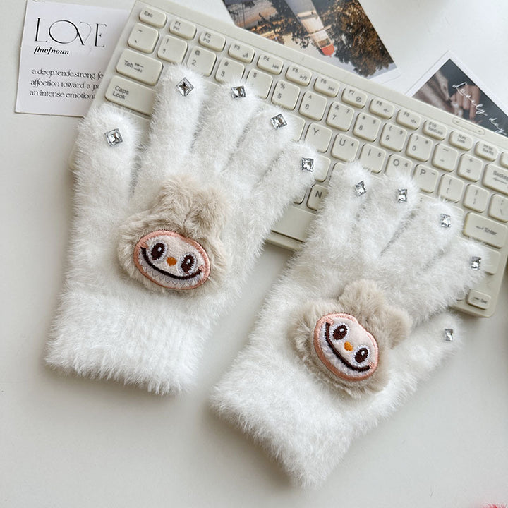 Labubu Five-finger warm knitted diamond furry gloves