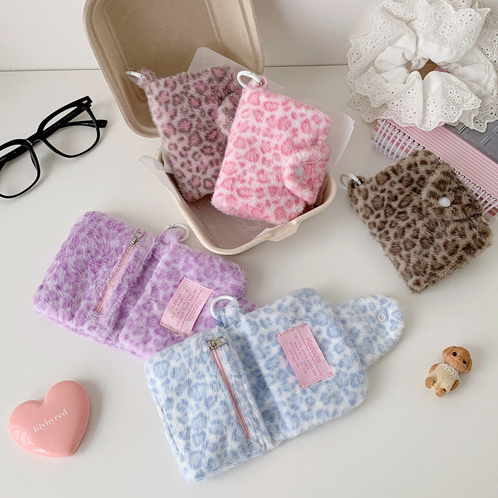 Fluffy leopard small wallet with snap closure for girls