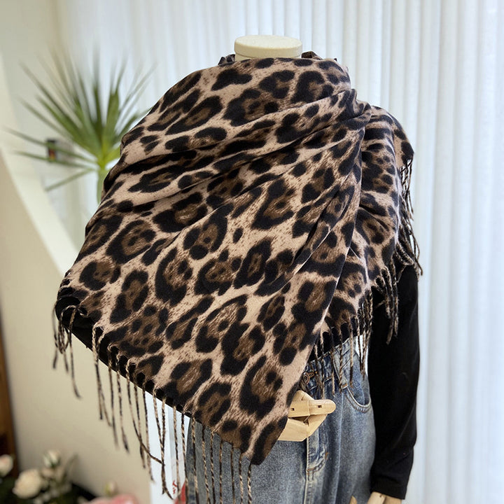 Leopard print warm windproof tassel scarf for women