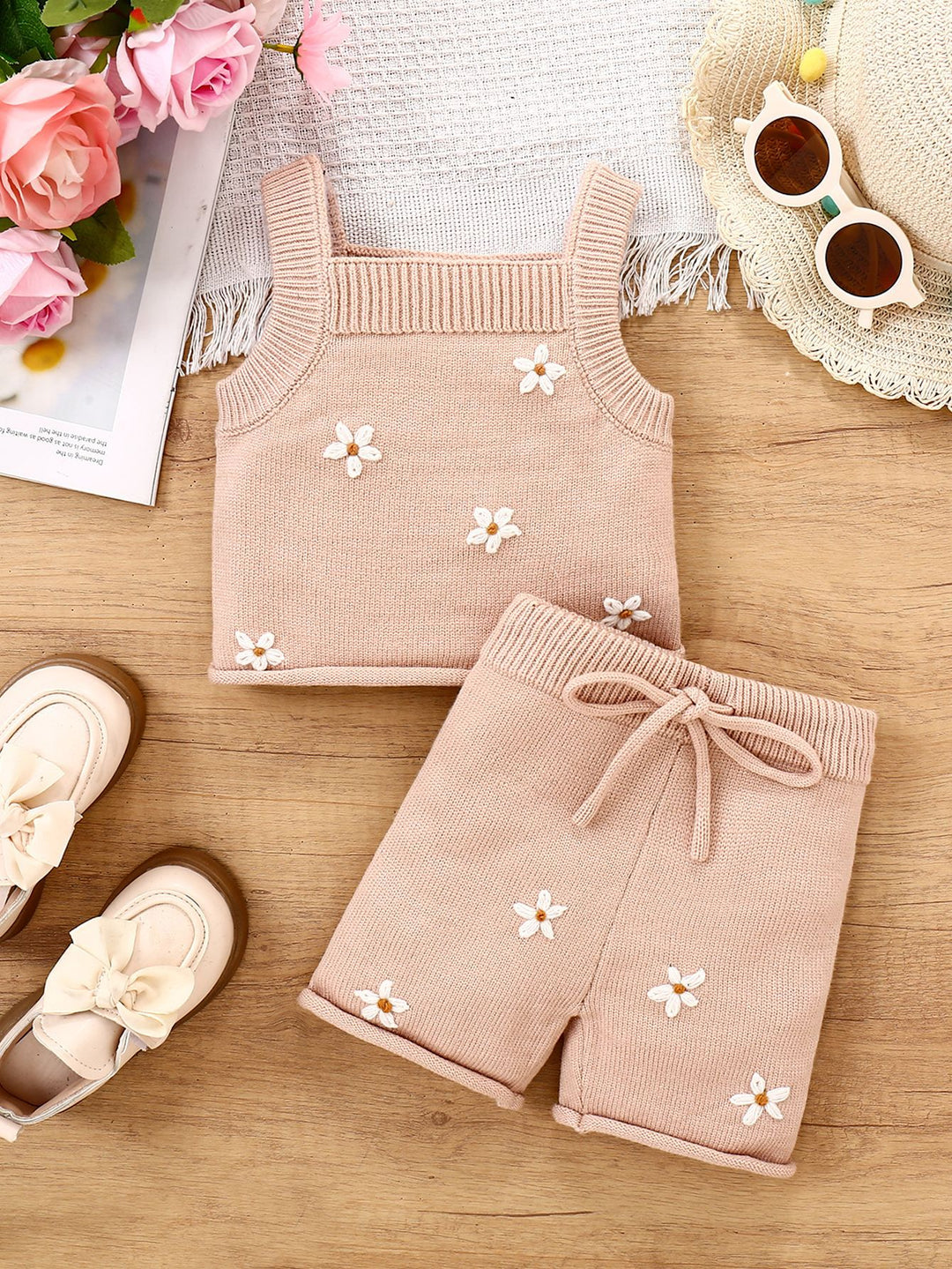 Baby girls sweet floral embroidered knitted top&shorts set