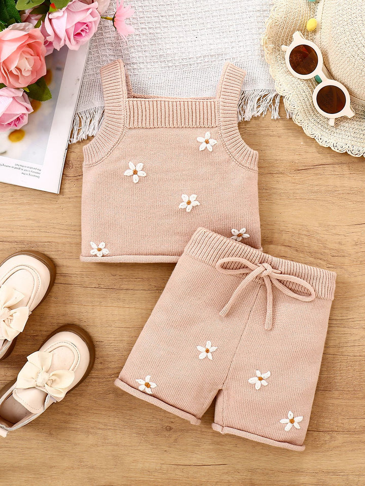 Baby girls sweet floral embroidered knitted top&shorts set