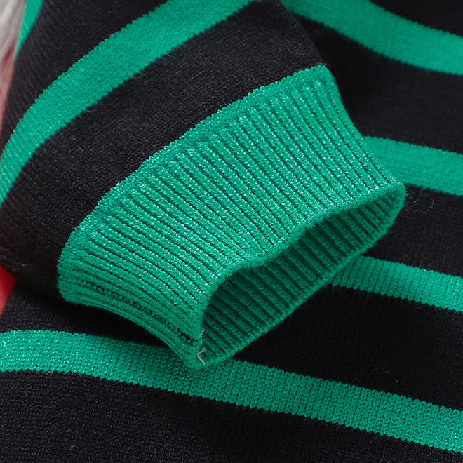 Baby Christmas Green &amp; Black Striped Santa Jacquard Knit Romper
