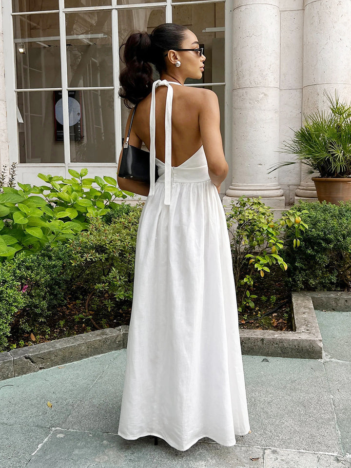 French retro v-neck halter neck pure cotton swing dress
