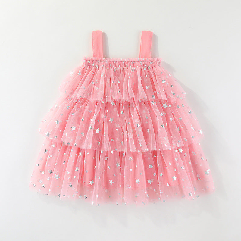Girls suspender embroidered flower mesh tutu dress