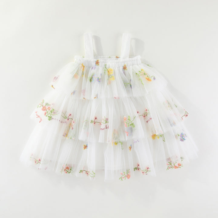 Summer flower embroidered mesh multi-layered tulle dress