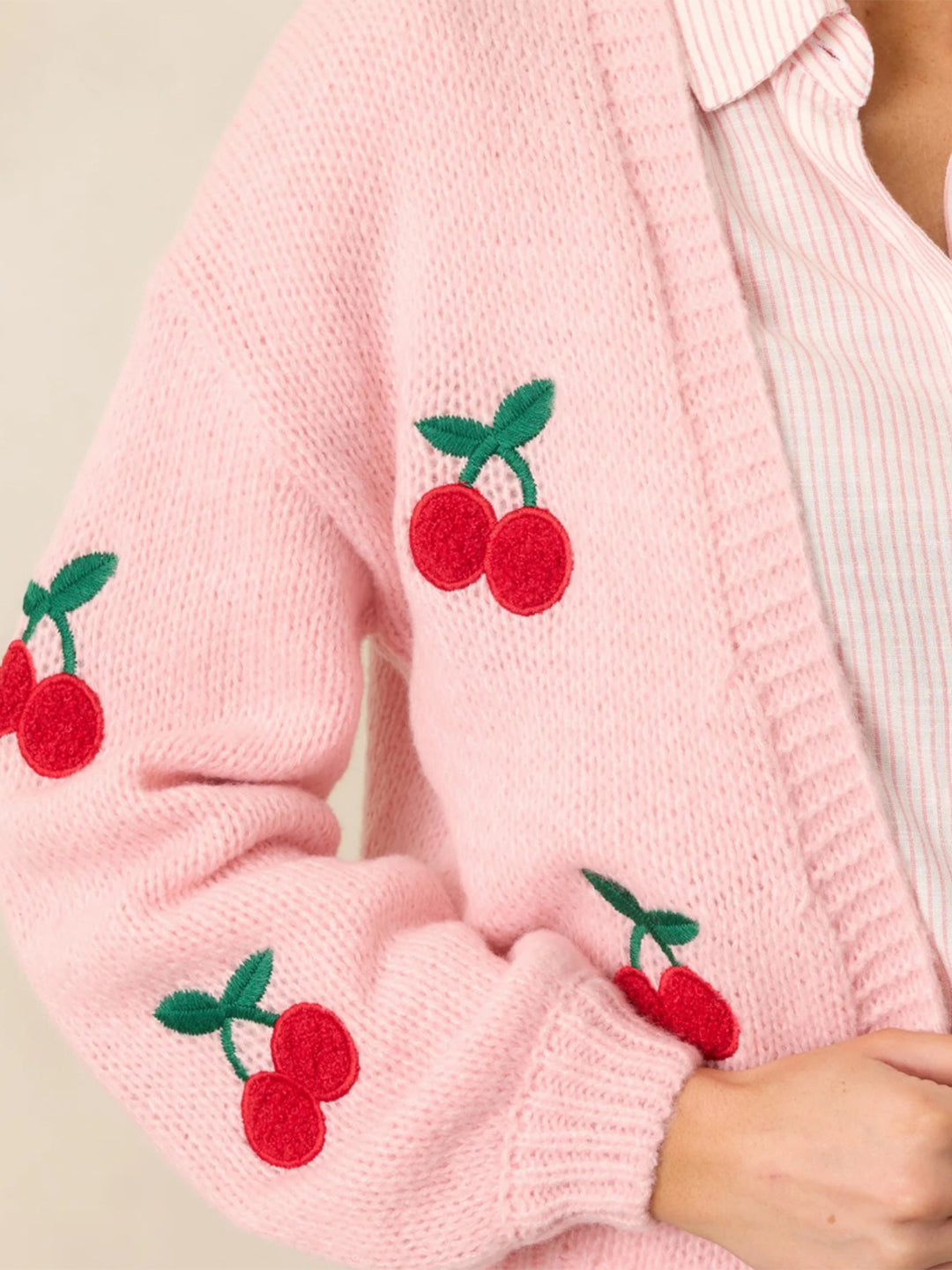 Cherry Embroidery Pink Sweater Cardigan for women