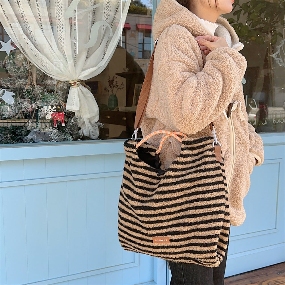 Striped plush large capacity shoulder tote bag