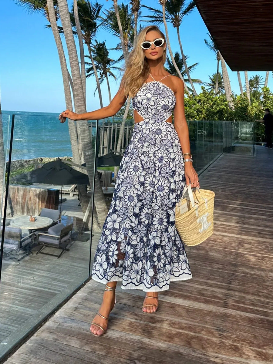 Women's halter neck lace hollow suspender dress