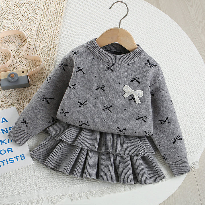 Girls knitted pullover bow sweater &cake skirt 2pcs set