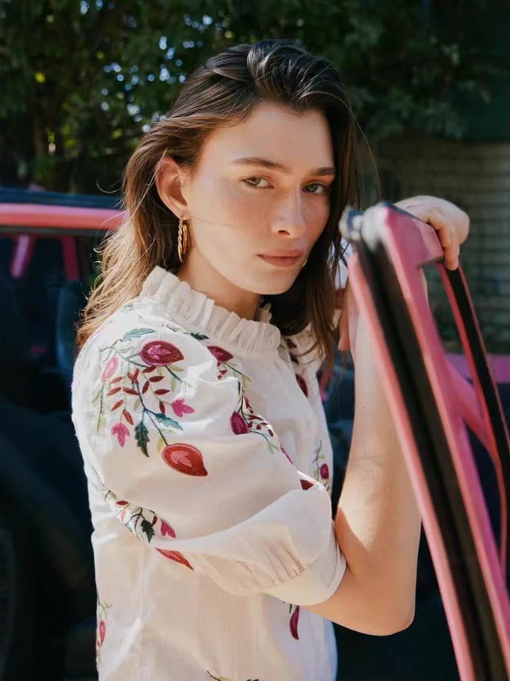 Flower Embroidered Button Shirt with Puff Sleeves