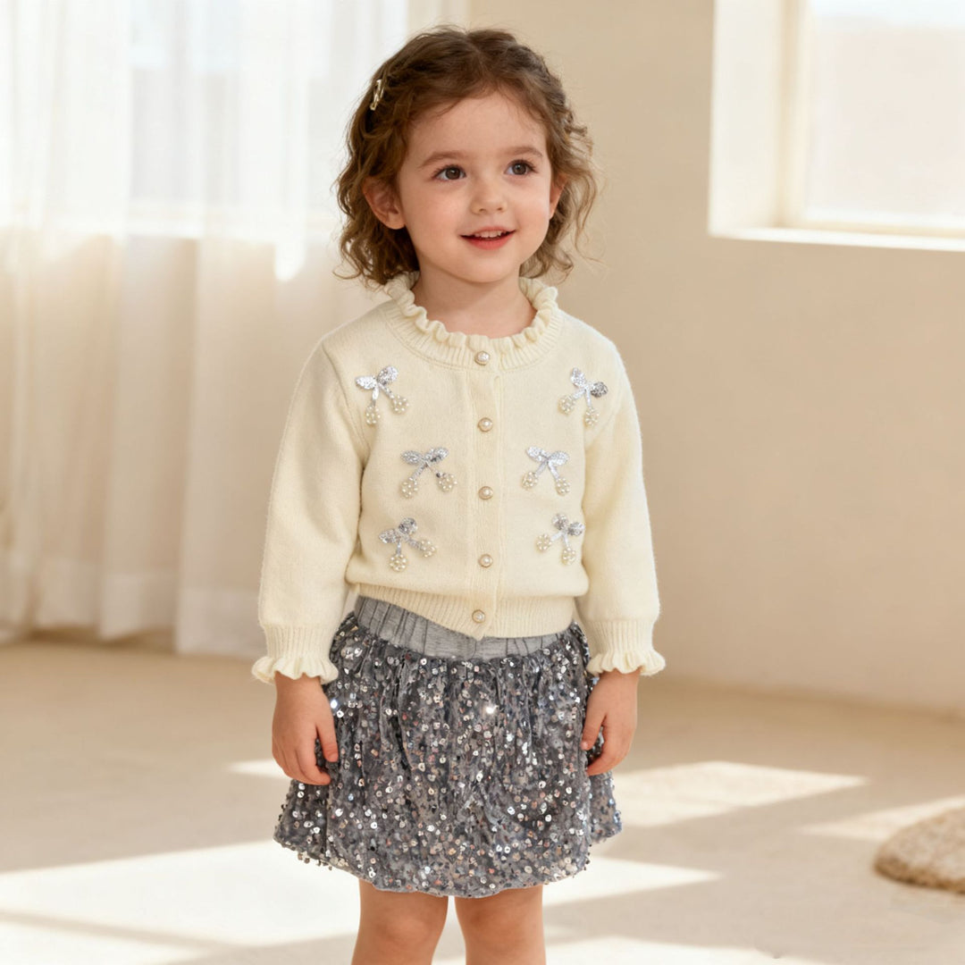 Sequin embroidery bow knitted cardigan sweater&skirt 2pcs set