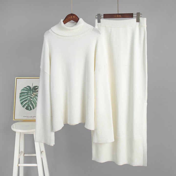 Women's retro Turtleneck Knitted sweater&slit skirt suit