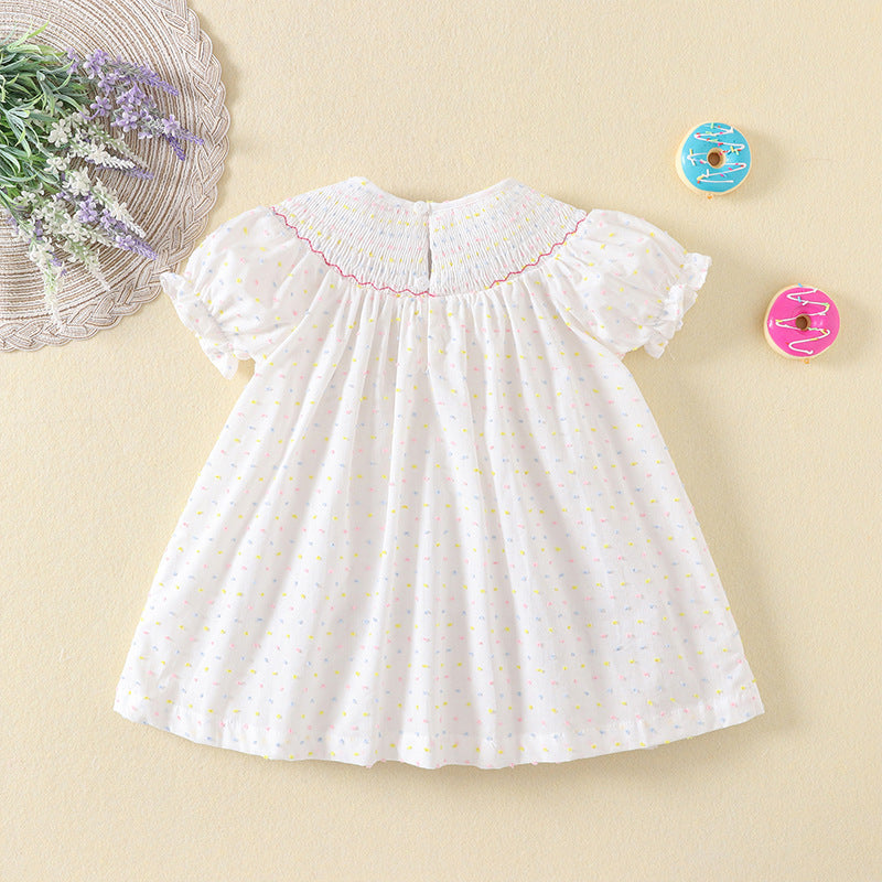 Cake embroidery smocked dress with puff sleeves