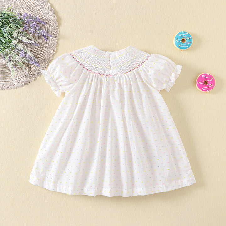 Cake embroidery smocked dress with puff sleeves