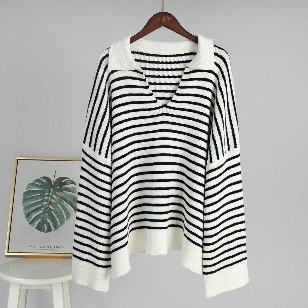 Black striped lapel pullover sweater for women