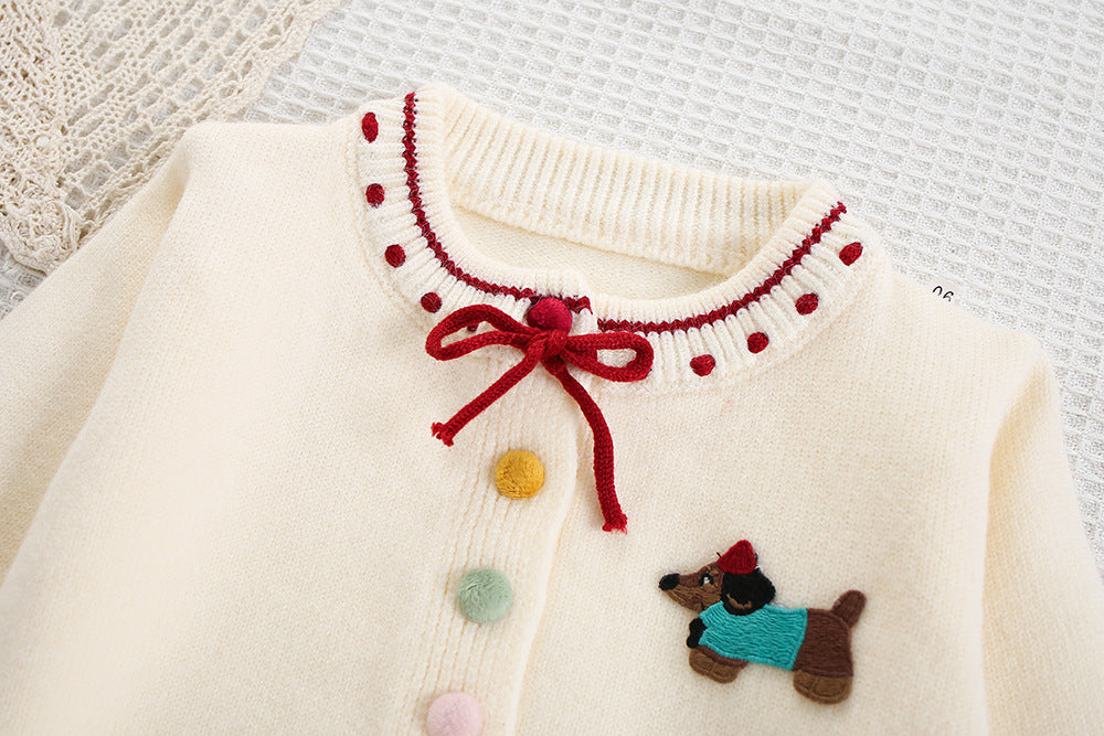 Girls Cute Puppy Sweater&Pleated Skirt 2pcs Set