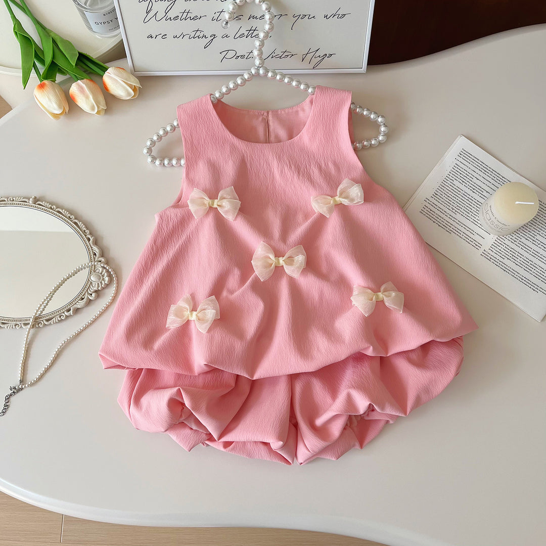 Girls bow-deco sleeveless pink dress for summer