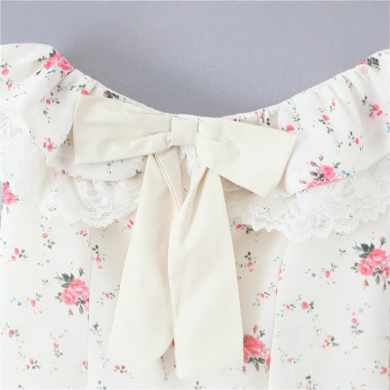 French sweet one shoulder bow floral lace waist dress