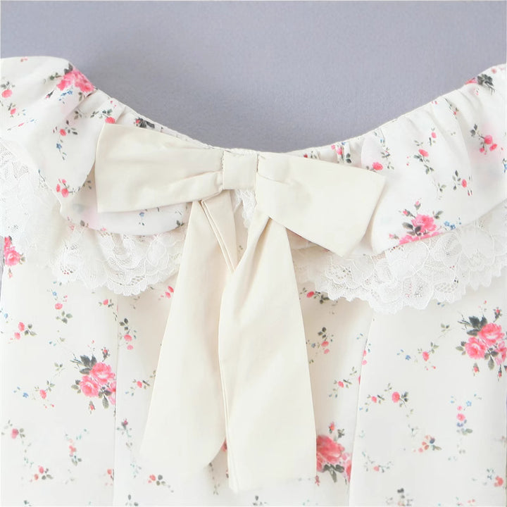 French sweet one shoulder bow floral lace waist dress
