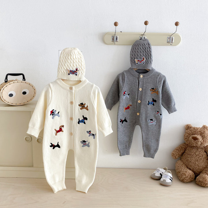 Baby puppy embroidered knitted warm romper
