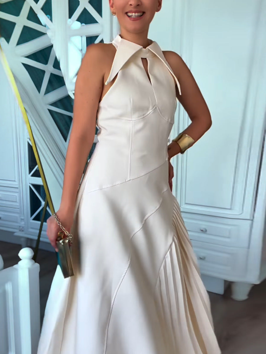 Lapel hollow sleeveless waist pleated dress