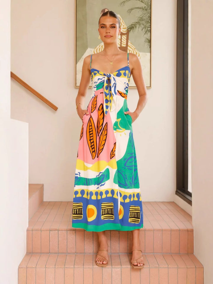 Holiday Style Printed Bow Tie Slit Dress
