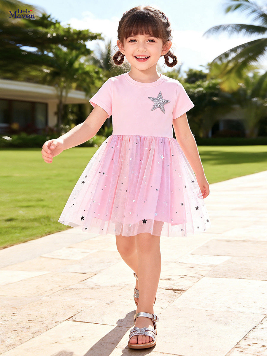 Girls'short-sleeved Sequined Star Rainbow Tulle dress