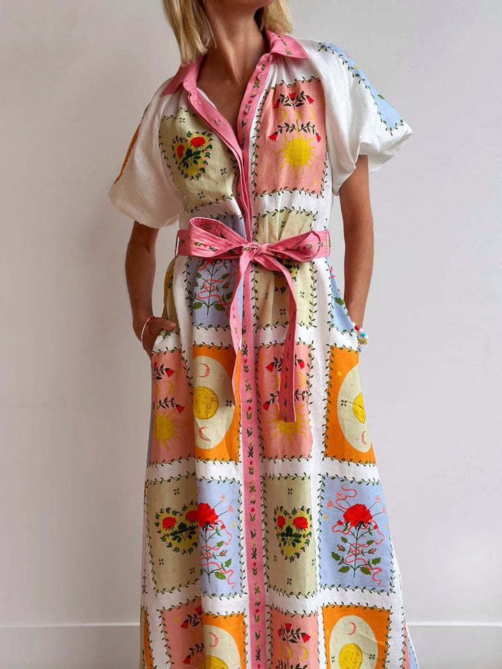 Floral-Print Linen Loose Lace-Up Maxi Swing Dress