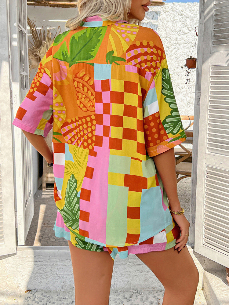 Boho Printed Button Top&Shorts Set for summer vacation