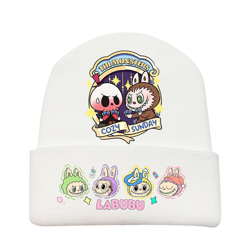 Cute monster printed knitted beanie hat-white