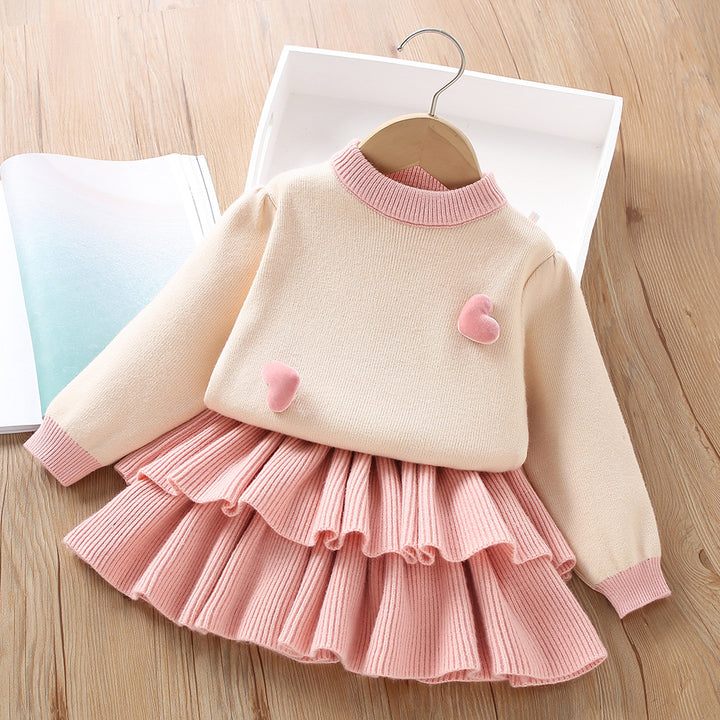 Valentine's love heart knitted sweater&cake skirt 2pcs set