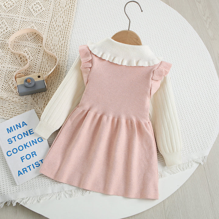 Sweet pink bowknot knitted sweater dress for girls