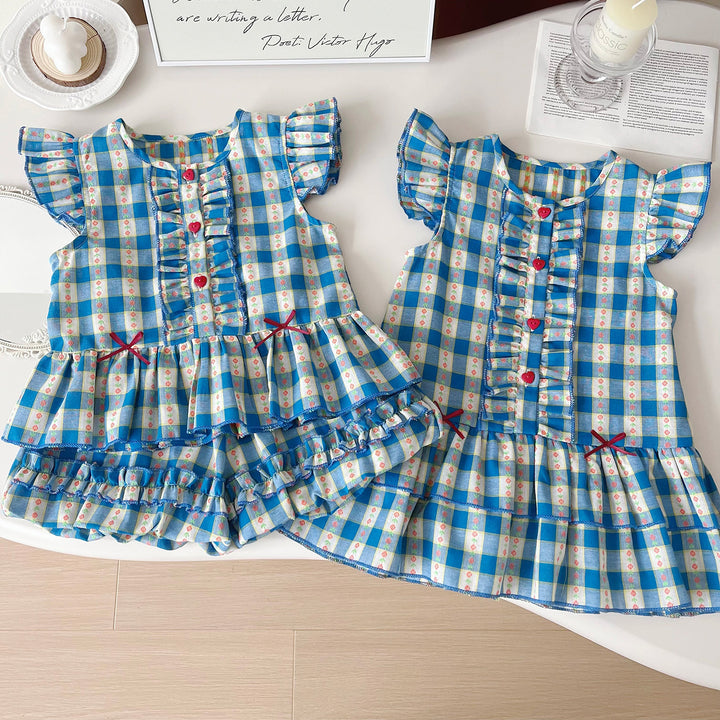 Girls blue plaid floral ruffle short set sisters outfit