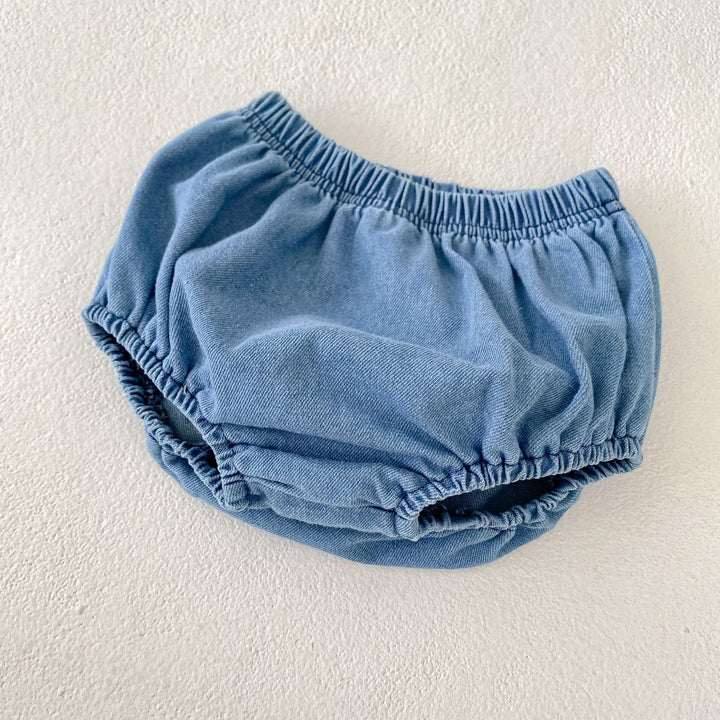 Baby denim lace splicing top&bubble short 2pcs set