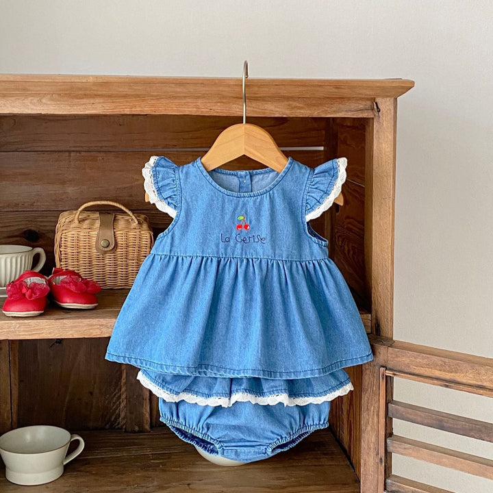 Baby denim lace dress top&bubble short 2pcs set