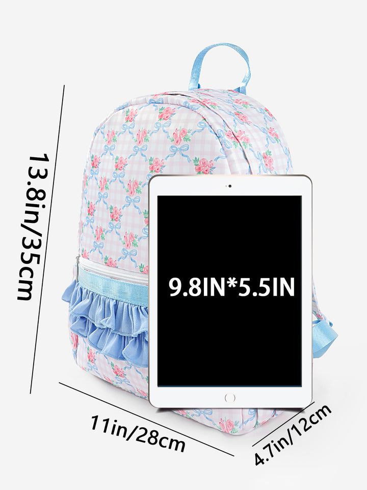Pink Floral Lightweight Nylon Backpack with Ruffle Decoration
