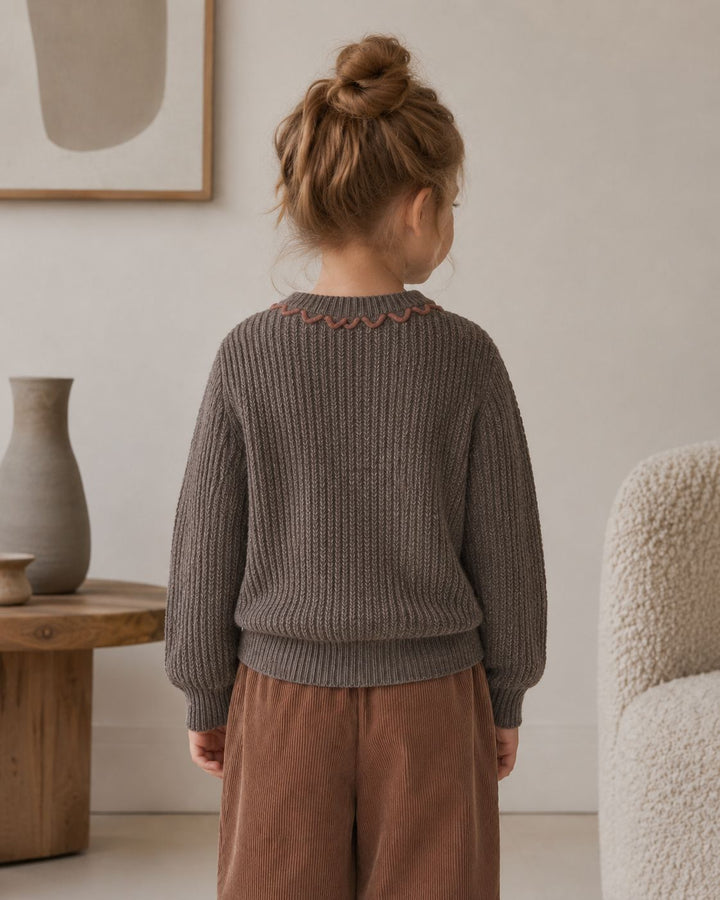 Girls' Ribbed Knit Pullover with Contrast-Color Scalloped Crew Neck